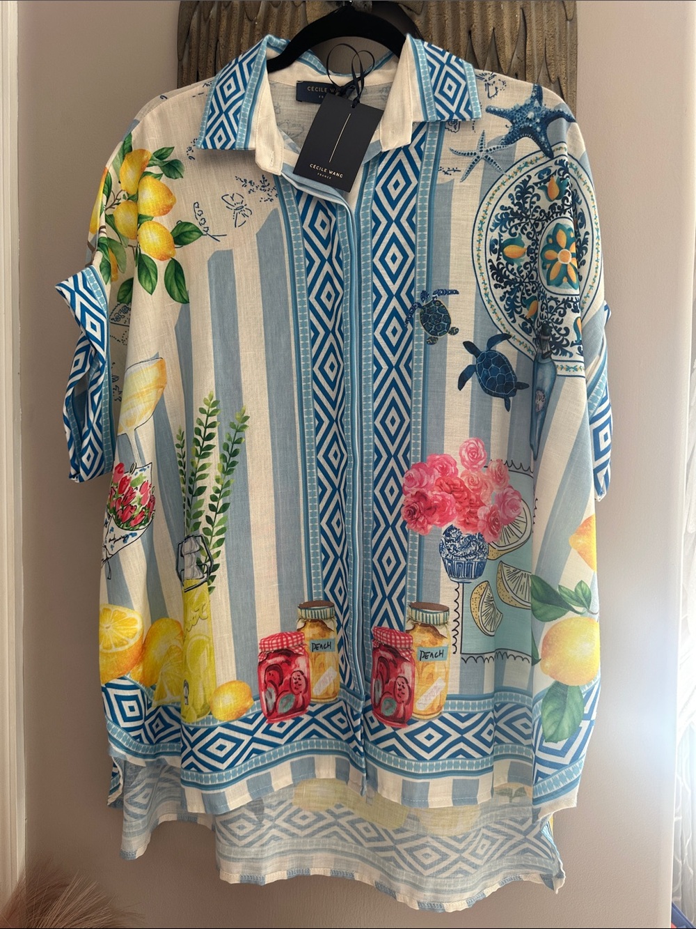Made in Italy Linen Amalfi Mediterranean Lemons Lemonade Print Shirt Resortwear